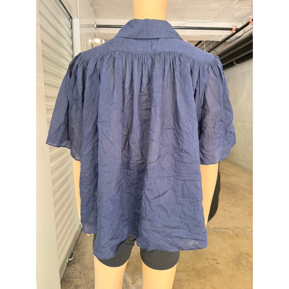 QUINCE Navy Blue Silk Cotton Blend Short Sleeve Button Up Blouse Top Small - Picture 5 of 8